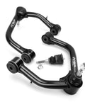 Chevy Silverado 1500 and GMC Sierra 1500 Front Upper Control Arms Adjustable Two To Four Inch UCA With Three Ball Joints And Rubber Bushings For 2019 Through 2026 Beefed Up Lifted Trucks black control arms with bushings and ball joints