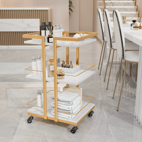 Wheeled Beauty Salon Cart On Gold Finish For Mobile Spa And Cosmetology Rolling Cart Organizer For Tattoo Manicure