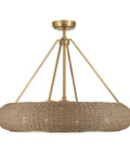 Stunning Handwoven White Seagrass Fandelier Ceiling Fan With No Sweat Remote And Four Warm Brass Shades For A Super Chill Coastal Living Room Refresh - close-up view of woven seagrass shade and gold mount.