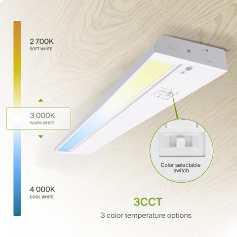 Swivel LED Under Cabinet Lighting Kit 24 Inch Plug In Or Hardwired Dimmable With 3CCT 2700K 4000K shown with color switch