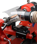 Pen Making Dust Trap For Wood Turning Compact Circular Catcher With 3 Inch Opening Catches Dust And Chips At The Source Tailstock Friendly Setup Clear PVC See Through Shell For Easy Workpiece Visibility mounted on red lathe