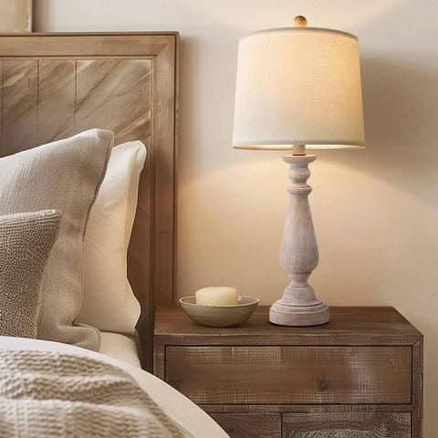 Mid Century 24.5 Inch Table Lamp Set of 2 for Living Room and Bedroom Rustic Beige Resin Bases With Linen Shade on nightstand