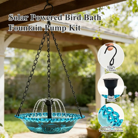 Hanging Bird Bath With Solar Powered Fountain For Outdoor Garden Patio Lawn And Backyard Birds Water Feature For Bathing Drinking And Feeding Automatic Sun Activated Pump Durable Hanging Design No Wires Easy Setup Weather Resistant
