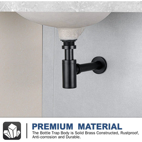 Brass Round Bottle P Trap One And A Quarter Inch Adjustable Sink Waste Trap Drain Kit In Matte Black installed under sink