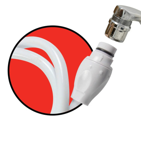 Easy Spray Indoor Outdoor Portable Handheld Sink Sprayer Attachment, close-up of white hose connector and faucet adapter