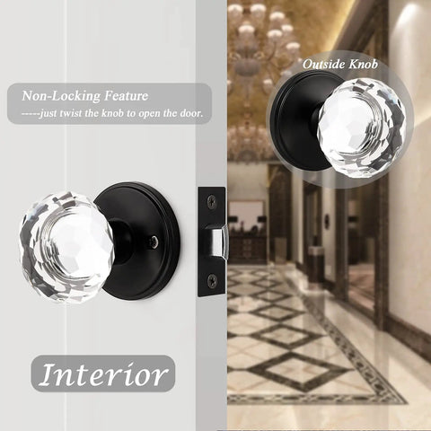 Crystal Glass Door Knob Set For Hallways And Closets, Keyless Non Locking Clear Door Handles With Black Heavy Duty Rosettes, 10 Pack
