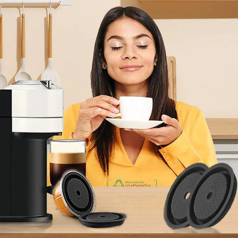 Woman enjoying coffee with Reusable Silicone Coffee Capsule Lids For Original Nespresso VertuoLine Pods 4 Pack With Scoop And Brush