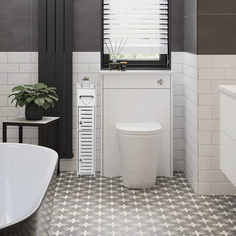 Slim Over Toilet Storage Cabinet For Small Bathrooms next to a modern toilet in a tiled bathroom.