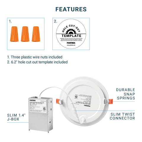 Components of Six Pack Ultra Thin 6 Inch LED Recessed Ceiling Light With Junction Box, 12W Dimmable Canless Wafer Slim Panel Downlight
