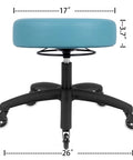 Heavy Duty 17 Inch Round Swivel Stool With Table Height Frame, Dead Simple To Wipe Clean Vinyl Seat And Smooth Rubber Rollers, Built Tough For Garage Jobs Or Medical Clinic Tasks In Aqua Blue side view with dimensions.