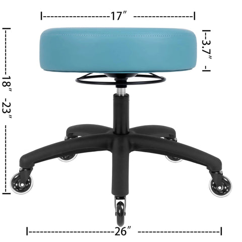 Heavy Duty 17 Inch Round Swivel Stool With Table Height Frame, Dead Simple To Wipe Clean Vinyl Seat And Smooth Rubber Rollers, Built Tough For Garage Jobs Or Medical Clinic Tasks In Aqua Blue side view with dimensions.