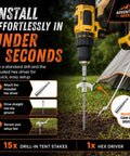 15 Pack 8 Inch Heavy Duty Screw In Tent Stakes Drill In Ground Anchor Pegs with hex driver in action near tent setup