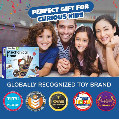 Family with DIY Robotic Mechanical Hand Kit For Kids Aged 8 To 14 Hands On STEM Toy Parents Choice Award Winner Perfect Birthday Gift
