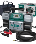 Heavy Duty 12V Air Compressor Tire Inflator With Auto Shut Off Digital Preset 150PSI, includes hose and clip connectors.