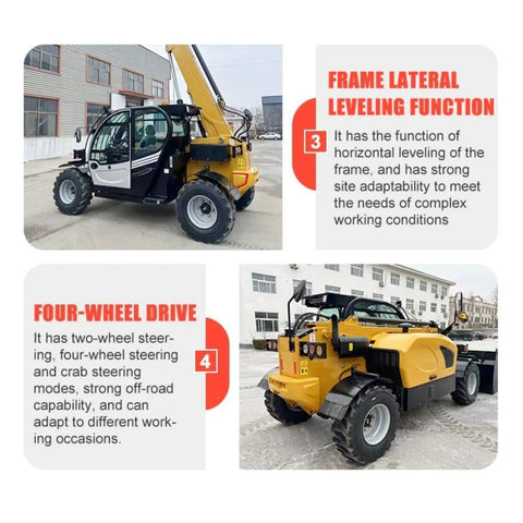 Heavy Duty Telescopic Forklift With Fast Swap Quick Hitch Setup For Effortless Pallet Handling On Rough Ground side view with four-wheel drive feature.