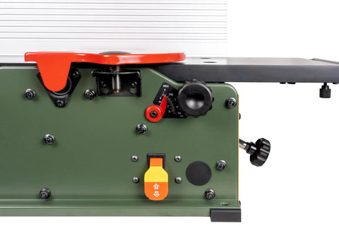 Close-up view of the control panel of the 8 Inch Benchtop Jointer With Spiral Cutterhead And Teflon Coated Aluminum Tables.