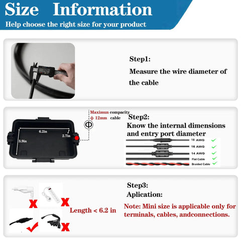 Diagram showing steps to measure wire diameter and box dimensions for Mini Outdoor Electrical Box IP54 Waterproof Extension Cord Cover