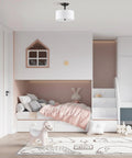 Kids bedroom with Matte Black 13 Inch Drum Ceiling Light Fixture With White Shade Two-Light Semi-Flush Mount Close-To-Ceiling Lamp.