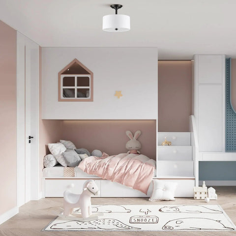 Kids bedroom with Matte Black 13 Inch Drum Ceiling Light Fixture With White Shade Two-Light Semi-Flush Mount Close-To-Ceiling Lamp.
