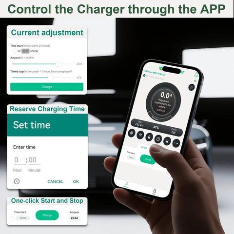 Hand holding smartphone app for Beast Level 2 EV Charger J1772 48 Amp Hardwired Home Charging Station Up To 11500 W With 25 Ft Cable 9X