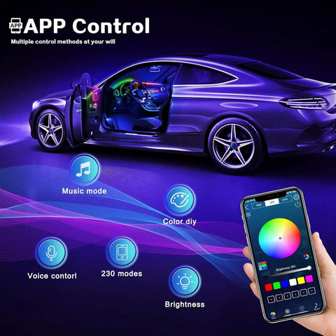 Car interior illuminated by Acrylic Interior Car LED Strip Lights Kit RGB 6 In 1 With Wireless App Control, vibrant colors displayed