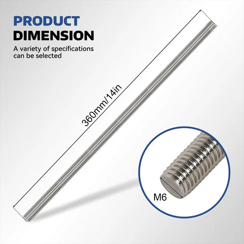 Heavy Duty 304 Stainless Steel M6 Threaded Rods Set, 8 Pieces, 14 Inch 360mm Long, Fully Threaded With 8 Cap Nuts And 16 Hex Nuts, Rustproof High Strength For DIY Projects And Framing, 360mm M6 rod