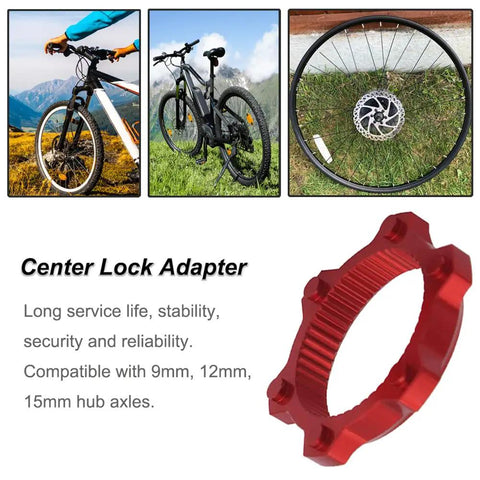 Swap-Ready Center Lock To 6-Bolt Disc Rotor Adapter For 9mm, 12mm And 15mm Hub Axles, Red aluminum, front and rear bike hub use