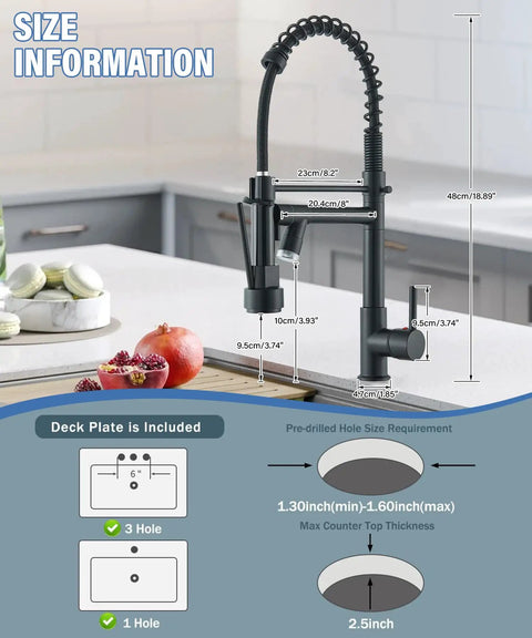 LED Kitchen Faucet With Pull Down Sprayer in Matte Black Stainless Steel with size dimensions in kitchen setting