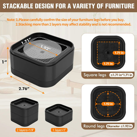 Score Big With These Rock Solid Adjustable Furniture Risers Heavy Duty Stackable Bed Lifts showing dimensions for square and round legs.
