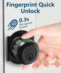 Slick Biometric Fingerprint Deadbolt Lock For Front Door Delivering Nail Down Accuracy With No Sweat App Management And Tight Bluetooth Access For Rock Solid Home Security Setup with a hand engaging the fingerprint sensor.