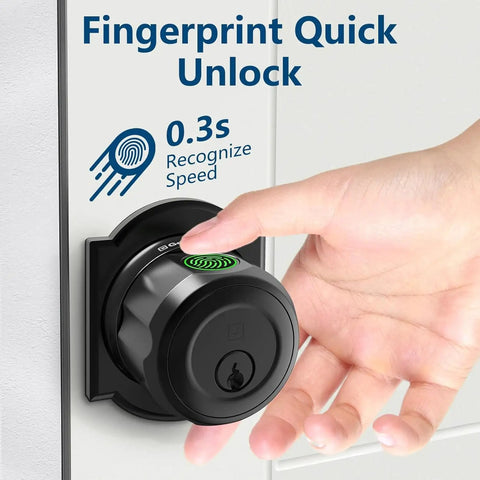 Slick Biometric Fingerprint Deadbolt Lock For Front Door Delivering Nail Down Accuracy With No Sweat App Management And Tight Bluetooth Access For Rock Solid Home Security Setup with a hand engaging the fingerprint sensor.