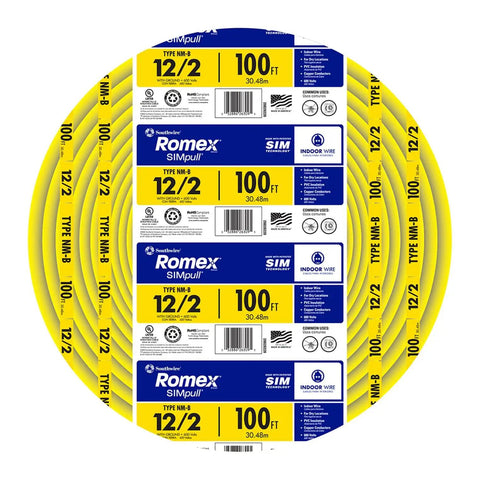 Image of SIMpull Solid Indoor 12-2 With Ground NM-B Cable, Copper Building Wire, 100 Ft Coil, yellow jacket, for outlets.
