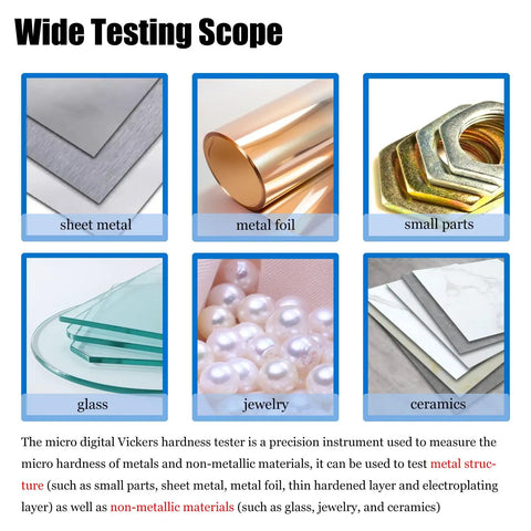Wide testing scope for Real Deal Digital Vickers Hardness Tester featuring metals, glass, and jewelry samples for accurate measurement.