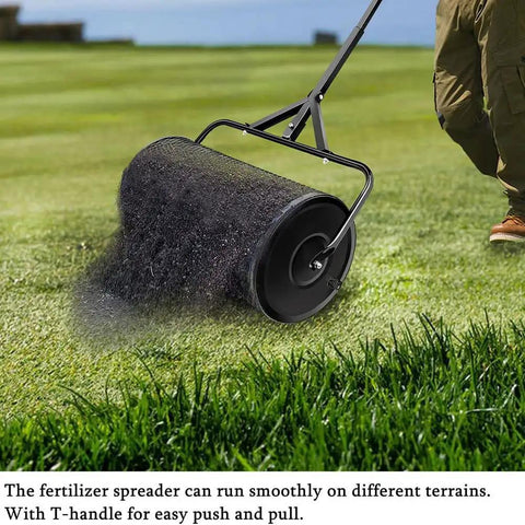 27 Inch Compost Spreader and Lawn Roller for Garden Care Durable Yet Lightweight Manure Spreader with Upgraded T Shaped Handle in use