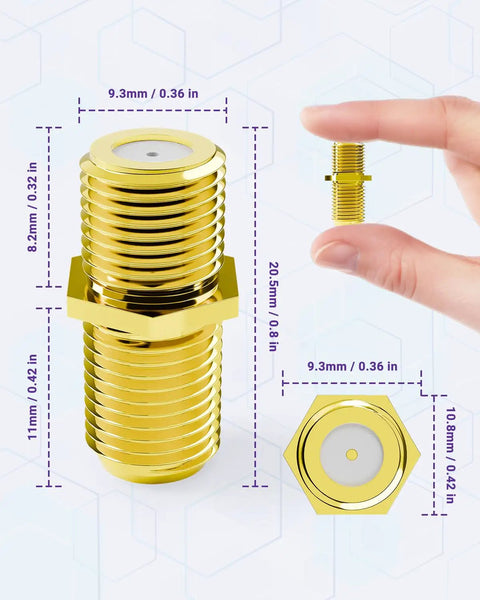 Gold Plated F Type Coax Connector Female To Female For RG6 Cables Two Pack Pro Grade Ultra Compact Flush Mount Adapter, gold threaded adapter