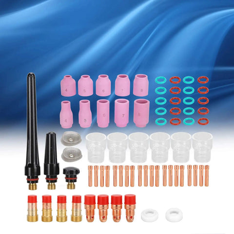 Ultimate 71 Piece TIG Welding Accessory Kit With Ceramic Nozzles Glass Cups And Gas Lenses Perfect For WP-17 WP-18 WP-26 Torch Upkeep, featuring nozzles and connectors.