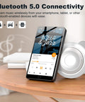 144GB Android 13 MP3 Player With Bluetooth And WiFi, 4 Inch Touchscreen showing music app on wooden table with headphones