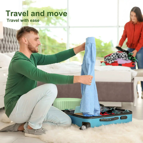Man packing clothes with Grab And Go Portable Folding Mini Washing Machine for camping and RV travel background woman folding clothes