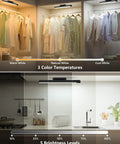 5W Motion Sensor LED Light Bar for Cabinets showing 3 color temperatures and 5 brightness levels, installed in wardrobe and kitchen