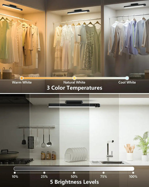 5W Motion Sensor LED Light Bar for Cabinets showing 3 color temperatures and 5 brightness levels, installed in wardrobe and kitchen