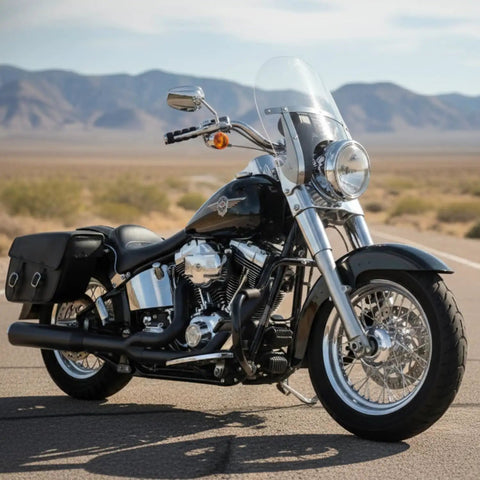 Universal Black Synthetic Leather Throw Over Motorcycle Saddlebags With Quick Release Buckles Waterproof Durable Panniers For Cruiser Touring Sport Chopper And Adventure Bikes mounted on a parked motorcycle