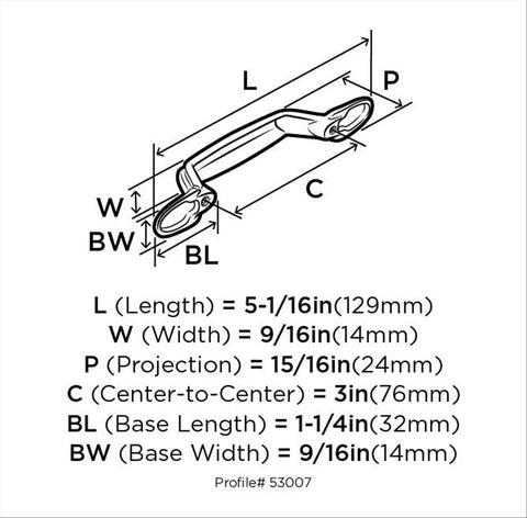 Diagram with measurements for 3 Inch Center To Center Satin Nickel Cabinet Pull 10 Pack Everyday Heritage Drawer Handle with dimensions shown.