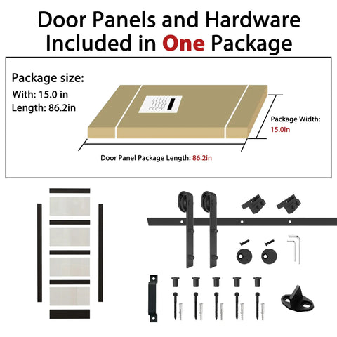 36X84 Black Frosted Glass Barn Door With Complete Hardware Kit And Six Point Six Foot Track Handle package contents showing door panels and hardware.
