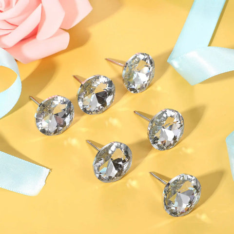 Crystal Upholstery Nails Tacks Set, 150 Piece Diamond Crystal Fasteners displayed on yellow surface with pink and blue accents.