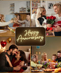 Collage of happy couples and families celebrating with food, drinks, roses, heart-shaped balloons, and 'Happy Anniversary' sign.