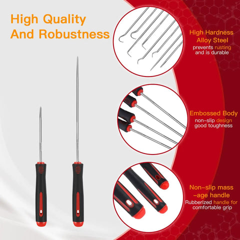 8 Piece Auto Tool Set With Precision Oil Seal Picks featuring alloy steel hooks and non-slip handles in black and red