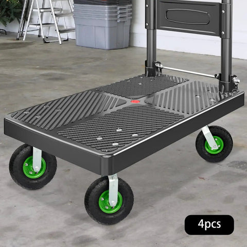 Smooth Operator Heavy Duty Pneumatic Casters 10 Inch Air Tire Wheels Bolt On Setup on flatbed cart with black and green rubber tires