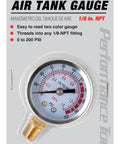 Performance Tool W10055 air tank gauge, front view; white dial with red/black scale and brass 1/8 NPT fitting