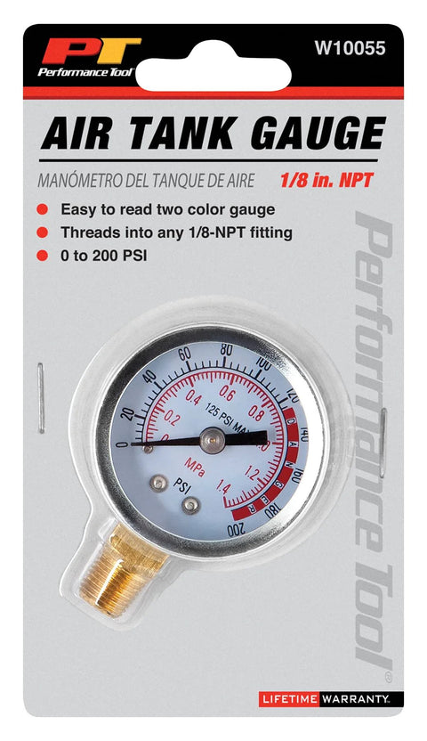 Performance Tool W10055 air tank gauge, front view; white dial with red/black scale and brass 1/8 NPT fitting