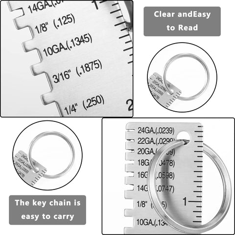 Double Sided Wire Metal Sheet Thickness Gauge Tool Set with clear readings, keychain, and engraved size inspection scales.
